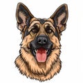Cartoon sketch style icon close up portrait of a joyful german shepherd dog on white background