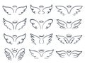 Cartoon sketch wing. Hand drawn angels wings spread, winged icon doodle vector illustration set