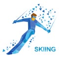 Cartoon skier with blue patterns running downhill