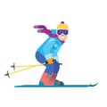 Cartoon skier isolated. Skiing sportsman character in ski suit vector illustration. Smiling man on skis.