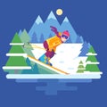 Cartoon skier in the mountains vector illustration. Skiing sportsman character in motion in ski suit . Smiling man on