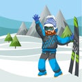 Cartoon skier in ski suit waving hello by hand