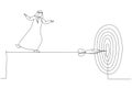 Cartoon of skillful arab businessman acrobat walk on rope to reach bullseye dart target. Metaphor fro challenge to overcome