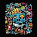 Cartoon skull with colorful items in the style of dark sky-blue and black techno-organic fusion bold colorful