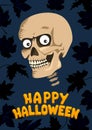 Cartoon skull on dark background. Happy Halloween banner.