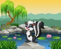 Cartoon skunk presenting on the rock