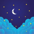 Twinkling half moon, stars and clouds on the dark night sky. Paper art style. Dreamy abstract, fantasy background. Royalty Free Stock Photo