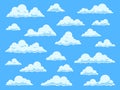 Cartoon sky clouds. Cloudscape in blue sky panorama, different shapes of white clouds, isolated vector set for cute baby Royalty Free Stock Photo