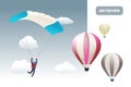 Cartoon skydiver and flying balloons vector background web page