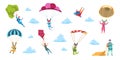 Cartoon skydivers. Sky jump with parachute and paraglider, extreme danger skydive falling. Vector adrenaline parachuting