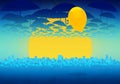Cartoon Skyline Background with clouds, umbrellas, sunset and yellow balloon