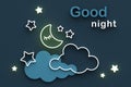 Cartoon sleeping moon, clouds and stars in the night sky. Wishing good night and sweet dreams. Greeting card with copy space. 3D r Royalty Free Stock Photo