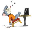 Cartoon sleeping mouse on chair with laptop