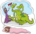 Cartoon sleeping young girl dreaming about defeating the dragon