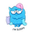 Cartoon sleepy monster with pillow