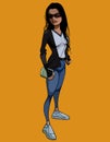 Cartoon slender beautiful woman with long black hair and sunglasses