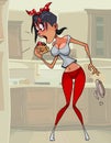 Cartoon slender woman madly eating a slice of cake