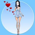 Cartoon slender woman reads on the smartphone about love on the go