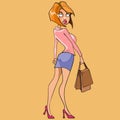 Cartoon slender woman walks and looks back