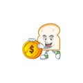 Cartoon slice white bread with mascot bring coin.