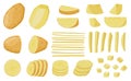 Cartoon sliced potatoes, chopped wedges and straws raw potato. Peeled potato root vegetable, sliced raw foods vector illustration