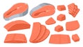 Cartoon sliced salmon. Red fish pieces, delicious sashimi slices, salmon steak and fillet flat vector illustration set. Salmon