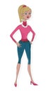 Cartoon slim blonde hair woman with pink sweater and blue short jeans