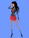Cartoon slim brunette woman stands and looks into the distance