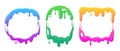 Cartoon slime frames. Mucus splash borders, jelly dripping frames, goo sticky liquid slime splatters flat vector illustration set