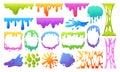 Cartoon slime mucus splashes. Jelly dripping spots, borders and frames, goo sticky liquid slime splatters flat vector illustration