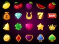 Cartoon slot game icon, casino gaming symbols. Cherry, diamond, crown spinning machine slots, online gambling, mobile