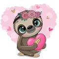Cartoon Sloth with a heart on an heart backgrouns