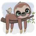 Cartoon Sloth is lying on a branch