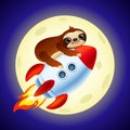 cartoon sloth on the rocket in cosmos. cute animal astronaut.