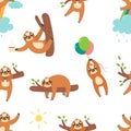 Cartoon sloth seamless pattern. Cute childish fabric print with lazy sloths bears. Adorable printable texture, funny