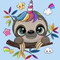 Cartoon Sloth with Unicorn Horn a blue background