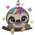 Cartoon Sloth with Unicorn Horn a white background