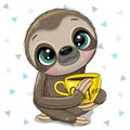 Cartoon Sloth with a yellow Cup of coffee