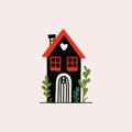 Cartoon small fairy house. Cute flat cottage with chimney, hand drawn tiny onestory wooden building with windows. Vector