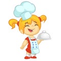 Cartoon small girl holding a tray with a dish and louche. Vector illustration of teenager girl preparing turkey