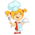 Cartoon small girl holding a tray with a dish and louche. Vector illustration of teenager girl preparing turkey and wearing apron Royalty Free Stock Photo