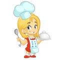 Cartoon small girl holding a tray with a dish and louche. Vector illustration