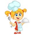 Cartoon small girl holding a tray with a dish and louche. Vector illustration