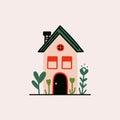 Cartoon small rural house. Cute fairy forest cottage with chimney and garden, flat one story country building exterior Royalty Free Stock Photo