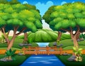 Cartoon of the small wooden bridge in the woods Royalty Free Stock Photo