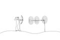 Cartoon of smart arab businessman archery hit multiple bullseye with single arrow. Metaphor for completed multiple tasks with