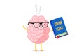 Cartoon smart brain character in glasses holding blue book with knowledge inscription and exclamation mark. Central Royalty Free Stock Photo