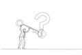 Cartoon of smart businessman holding big key to unlock keyhole on question mark sign. Metaphor for solution or reason to solve