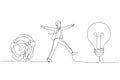 Cartoon of smart businessman walking away from mess chaos line to simple lightbulb idea. Simplify idea. One line style art