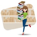 Cartoon smart girl carrying pile of book in library